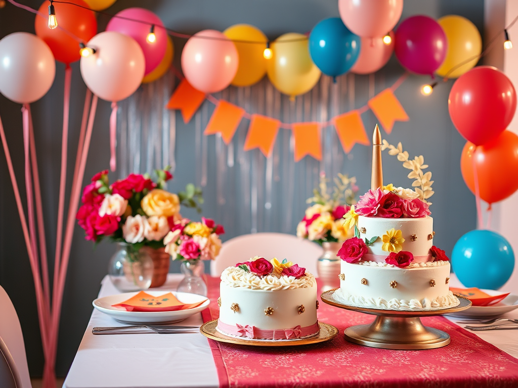 Bright bold outdoor cake table setup by MRS Party Planner Central Oregon